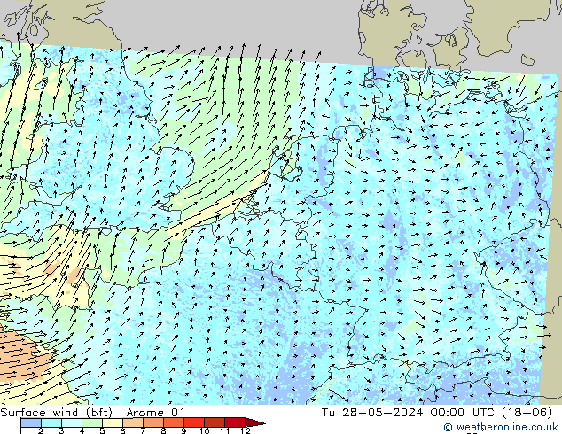 Viento 10 m (bft) Arome 01 mar 28.05.2024 00 UTC