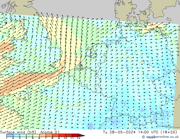 Surface wind (bft) Arome 01 Tu 28.05.2024 14 UTC