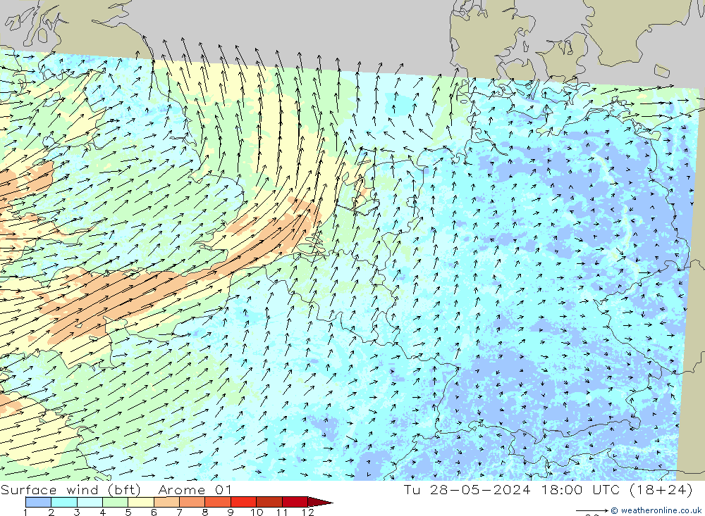 Bodenwind (bft) Arome 01 Di 28.05.2024 18 UTC