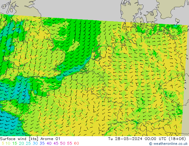 Vent 10 m Arome 01 mar 28.05.2024 00 UTC