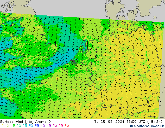 Vent 10 m Arome 01 mar 28.05.2024 18 UTC