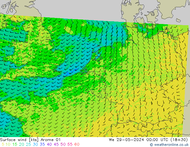 Vento 10 m Arome 01 Qua 29.05.2024 00 UTC