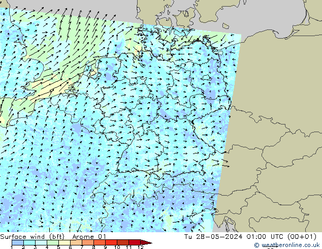 Rüzgar 10 m (bft) Arome 01 Sa 28.05.2024 01 UTC