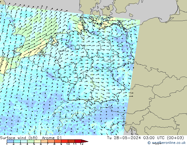 Wind 10 m (bft) Arome 01 di 28.05.2024 03 UTC