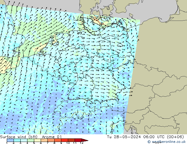Bodenwind (bft) Arome 01 Di 28.05.2024 06 UTC