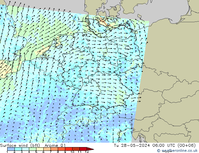 Surface wind (bft) Arome 01 Tu 28.05.2024 06 UTC