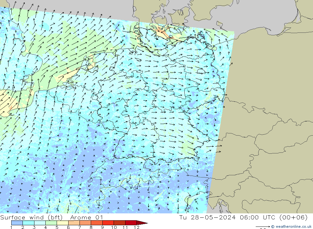 Vento 10 m (bft) Arome 01 Ter 28.05.2024 06 UTC