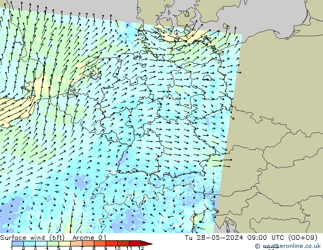 Rüzgar 10 m (bft) Arome 01 Sa 28.05.2024 09 UTC