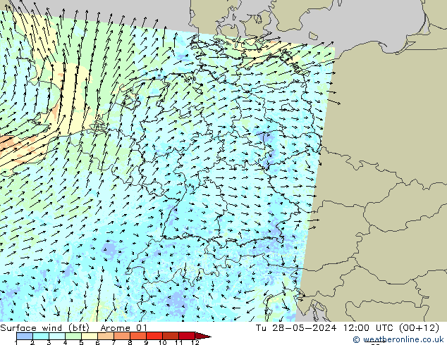 Vent 10 m (bft) Arome 01 mar 28.05.2024 12 UTC