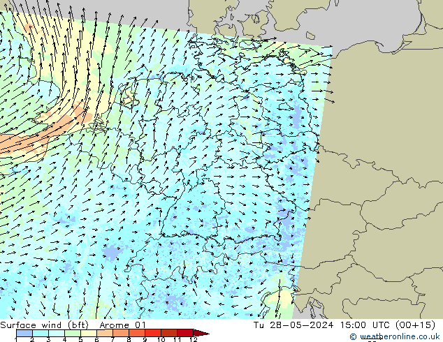 Surface wind (bft) Arome 01 Tu 28.05.2024 15 UTC