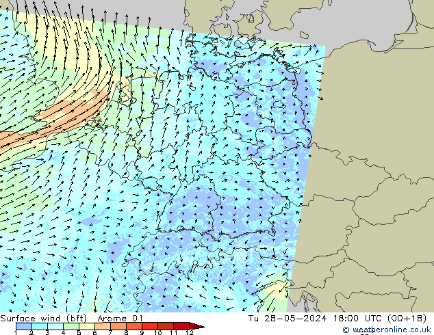 Vent 10 m (bft) Arome 01 mar 28.05.2024 18 UTC