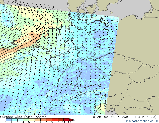 Vento 10 m (bft) Arome 01 Ter 28.05.2024 20 UTC