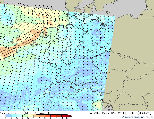 Surface wind (bft) Arome 01 Út 28.05.2024 21 UTC