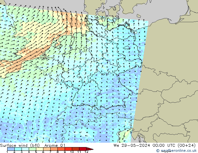 Vent 10 m (bft) Arome 01 mer 29.05.2024 00 UTC