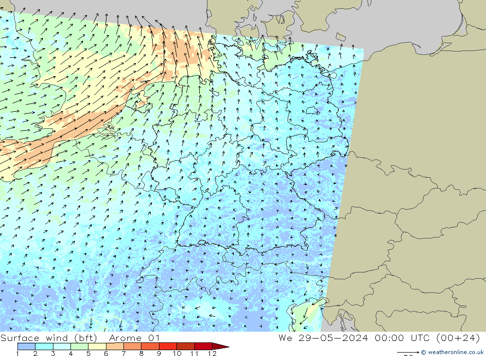 Rüzgar 10 m (bft) Arome 01 Çar 29.05.2024 00 UTC