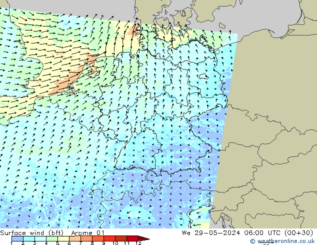 Bodenwind (bft) Arome 01 Mi 29.05.2024 06 UTC