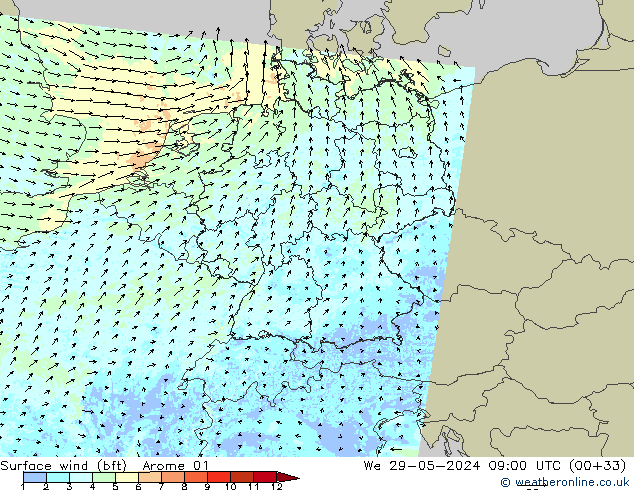 Surface wind (bft) Arome 01 St 29.05.2024 09 UTC