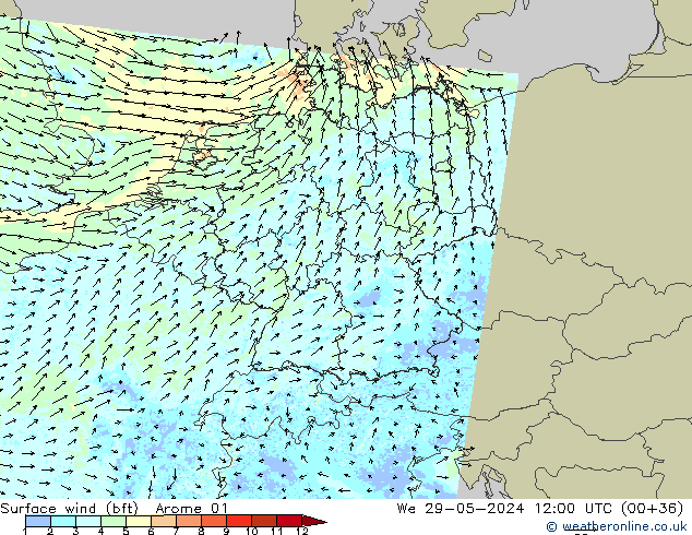 Wind 10 m (bft) Arome 01 wo 29.05.2024 12 UTC