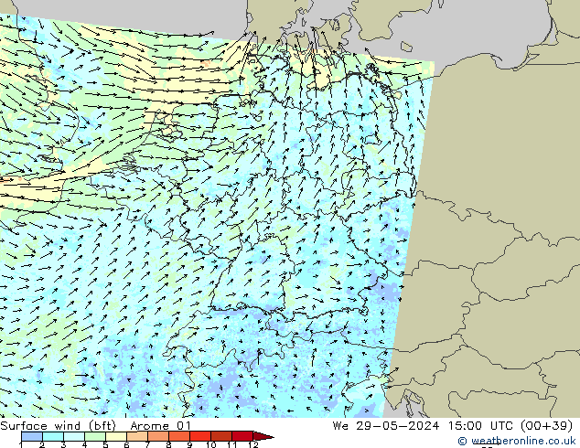 Surface wind (bft) Arome 01 We 29.05.2024 15 UTC