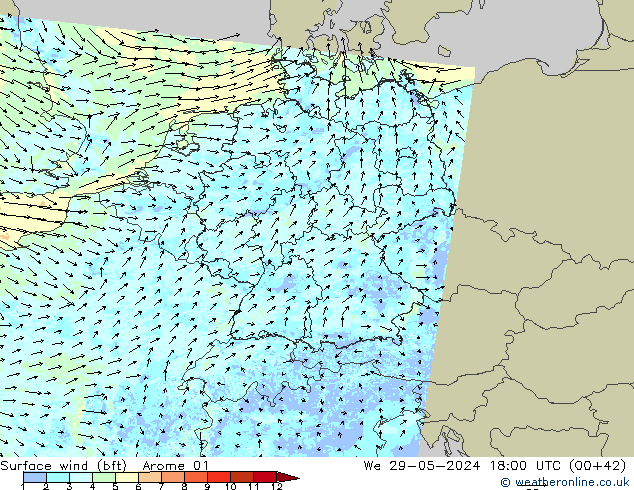 Wind 10 m (bft) Arome 01 wo 29.05.2024 18 UTC