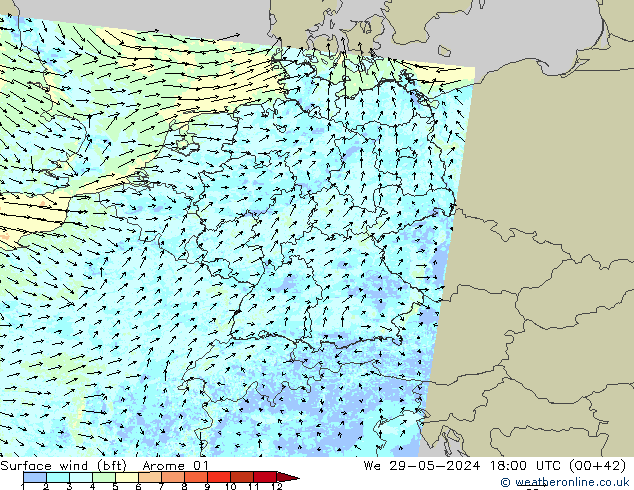 Vent 10 m (bft) Arome 01 mer 29.05.2024 18 UTC