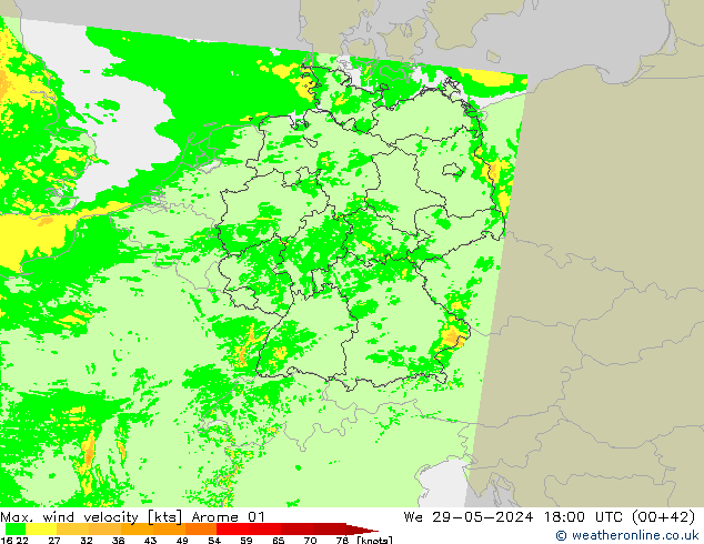 Max. wind velocity Arome 01 We 29.05.2024 18 UTC