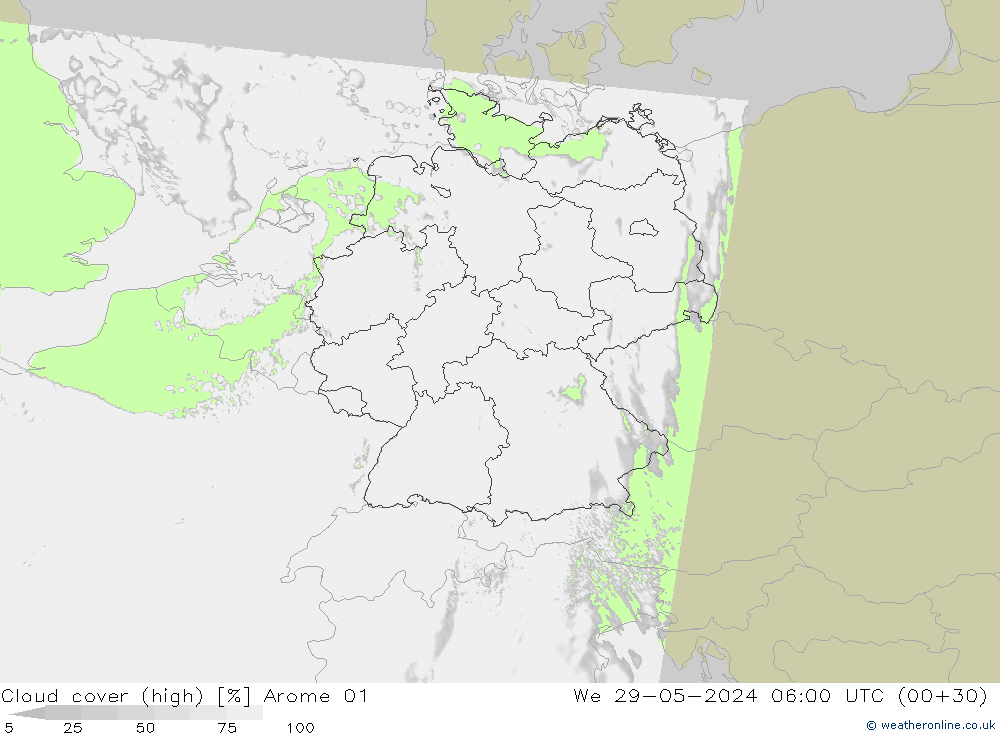 vysoký oblak Arome 01 St 29.05.2024 06 UTC