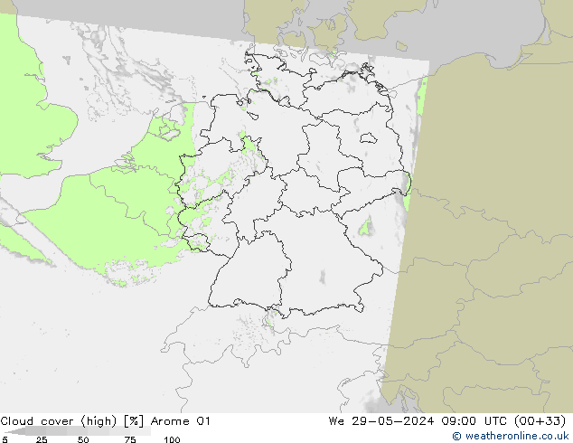 Bewolking (Hoog) Arome 01 wo 29.05.2024 09 UTC