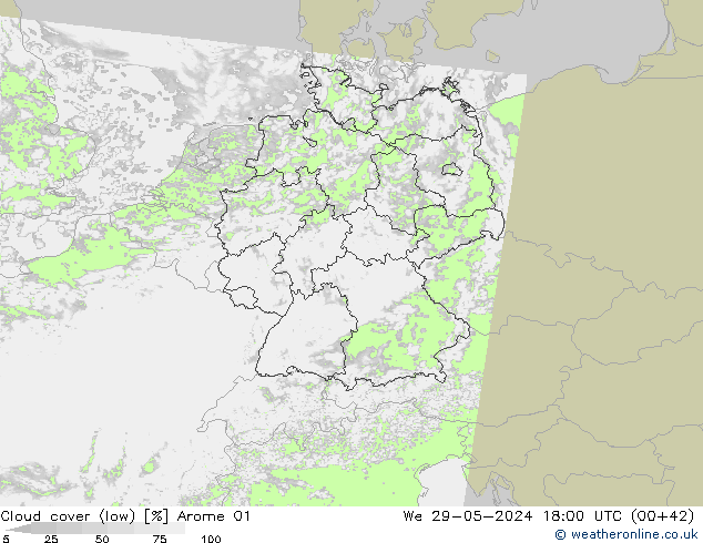 Cloud cover (low) Arome 01 We 29.05.2024 18 UTC