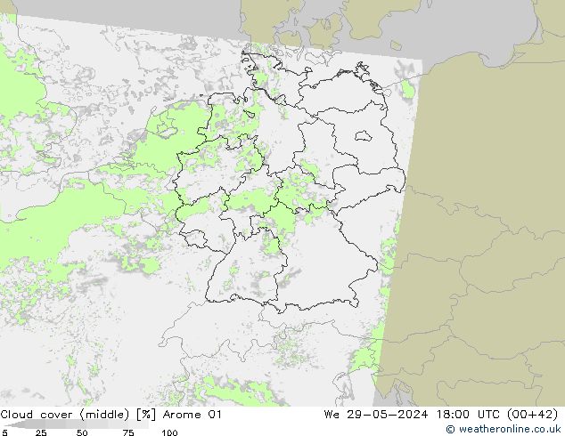 Cloud cover (middle) Arome 01 We 29.05.2024 18 UTC