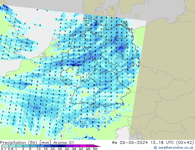 Totale neerslag (6h) Arome 01 wo 29.05.2024 18 UTC