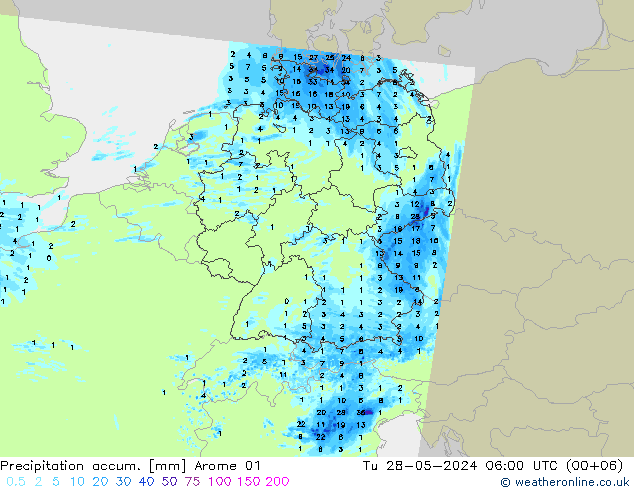 Precipitation accum. Arome 01 Tu 28.05.2024 06 UTC
