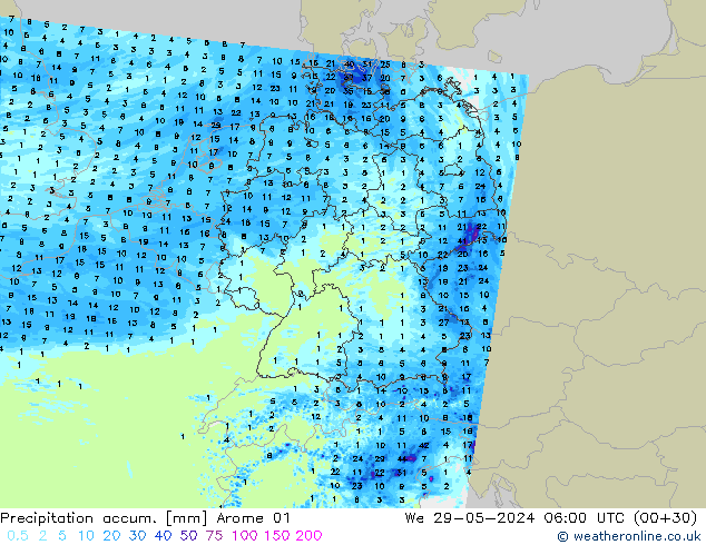 Précipitation accum. Arome 01 mer 29.05.2024 06 UTC