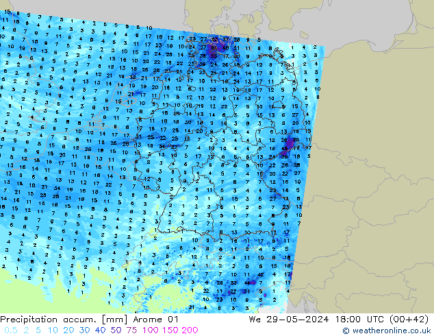 Totale neerslag Arome 01 wo 29.05.2024 18 UTC