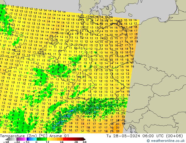 Temperatura (2m) Arome 01 mar 28.05.2024 06 UTC