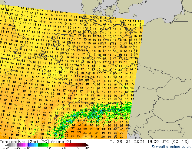 Temperaturkarte (2m) Arome 01 Di 28.05.2024 18 UTC