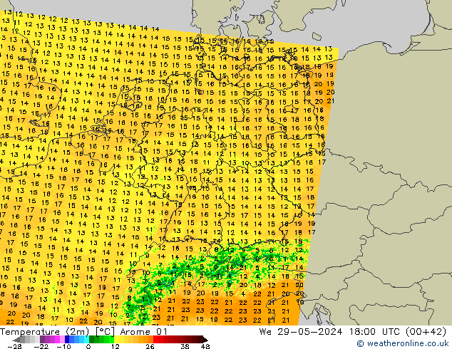 Temperature (2m) Arome 01 We 29.05.2024 18 UTC