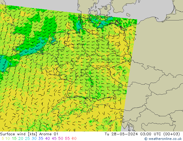 Surface wind Arome 01 Út 28.05.2024 03 UTC