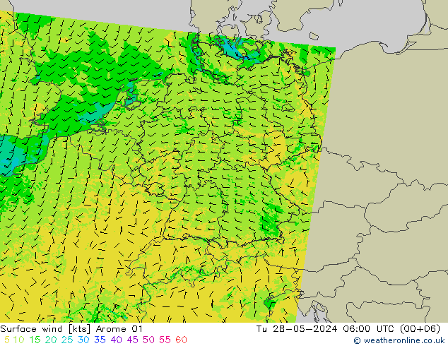 Surface wind Arome 01 Út 28.05.2024 06 UTC