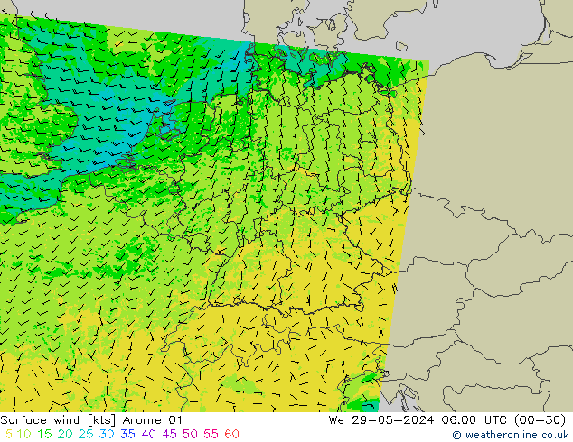 Surface wind Arome 01 St 29.05.2024 06 UTC