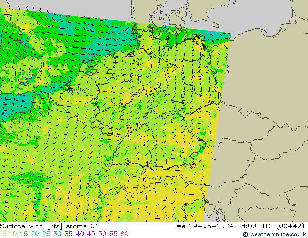 Vento 10 m Arome 01 mer 29.05.2024 18 UTC