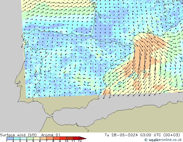 Surface wind (bft) Arome 01 Út 28.05.2024 03 UTC