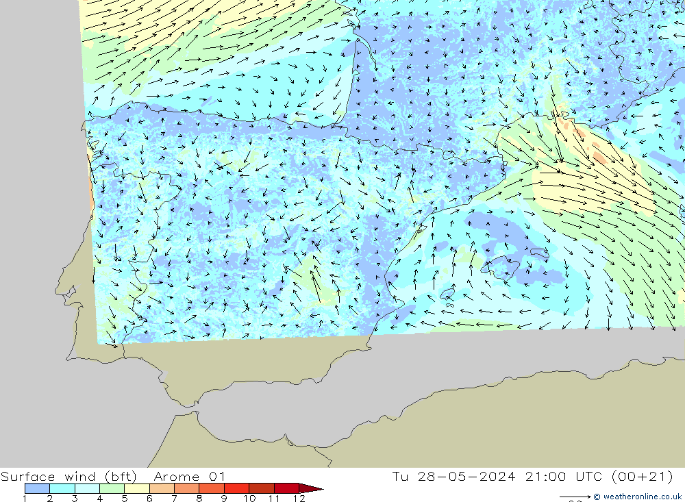 Wind 10 m (bft) Arome 01 di 28.05.2024 21 UTC