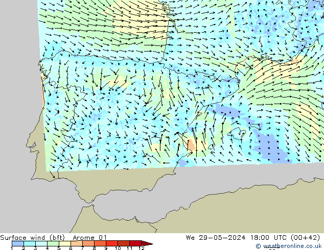 Wind 10 m (bft) Arome 01 wo 29.05.2024 18 UTC