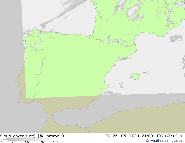 Bewolking (Laag) Arome 01 di 28.05.2024 21 UTC