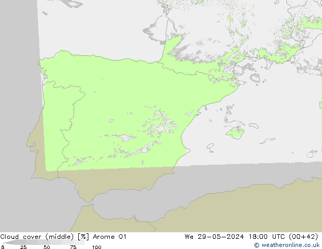 Cloud cover (middle) Arome 01 We 29.05.2024 18 UTC