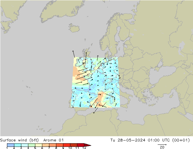 Vento 10 m (bft) Arome 01 Ter 28.05.2024 01 UTC