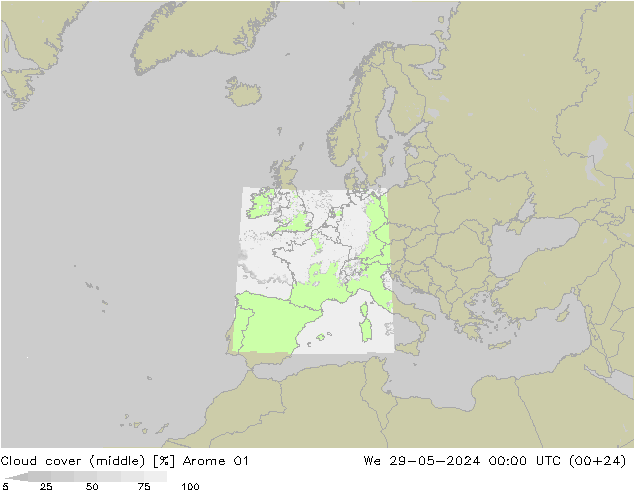 Cloud cover (middle) Arome 01 We 29.05.2024 00 UTC