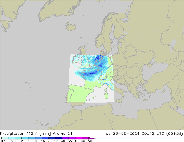 Precipitation (12h) Arome 01 We 29.05.2024 12 UTC