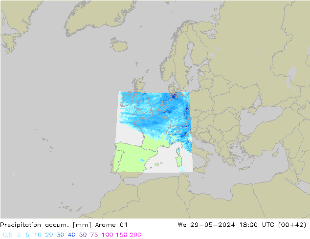 Totale neerslag Arome 01 wo 29.05.2024 18 UTC